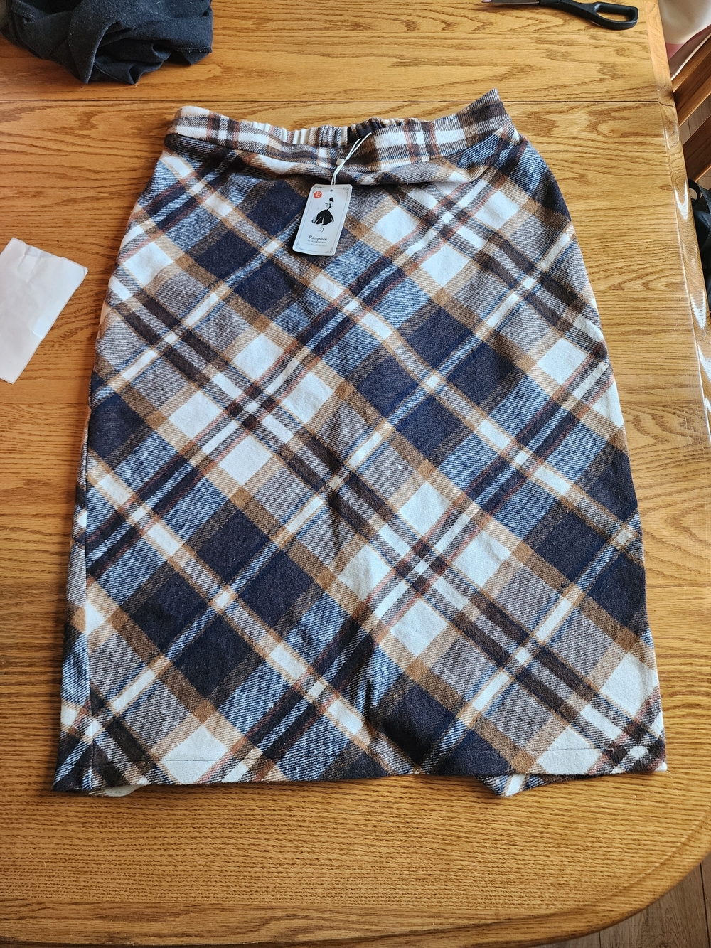 Plaid Knit Pencil Skirt in Navy and Brown